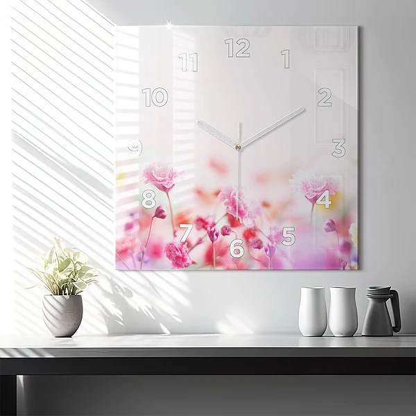 Wanduhr quadratisch mit motiv Blumen auf einer Wiese