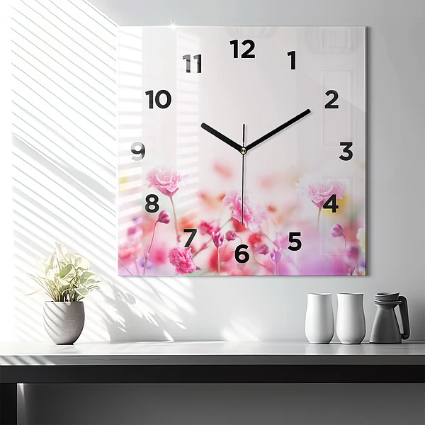 Wanduhr quadratisch mit motiv Blumen auf einer Wiese