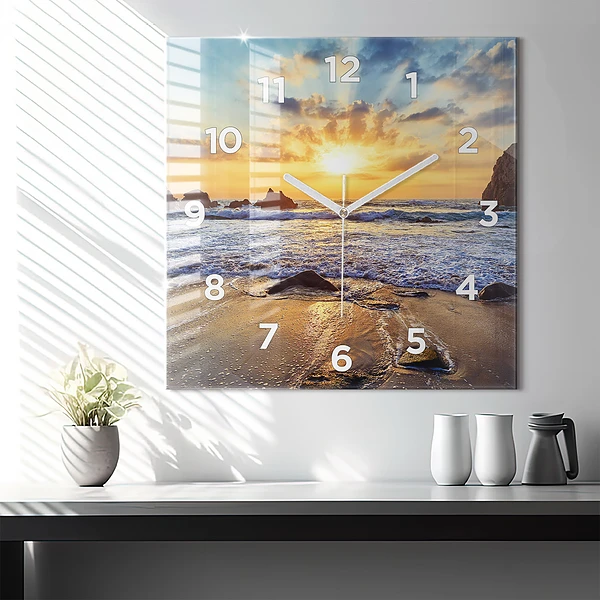 Wanduhr quadratisch mit motiv Sonnenuntergang am Strand