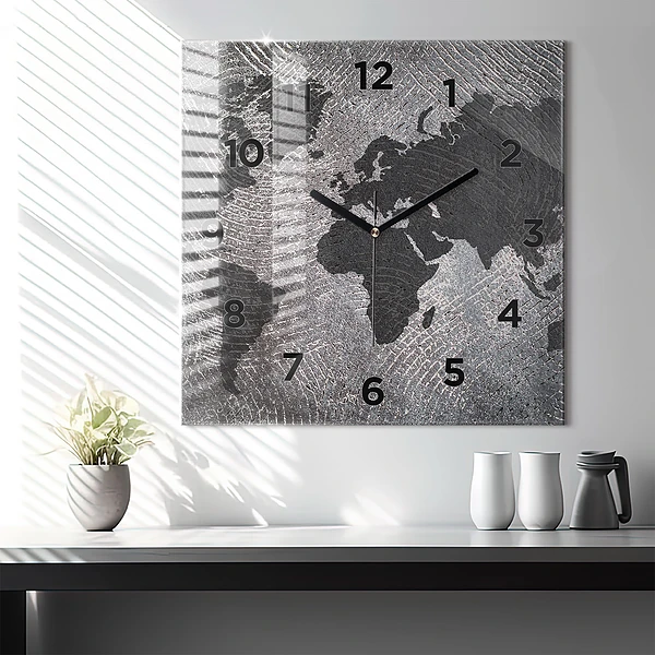 Wanduhr modern quadratisch Weltkarte Beton