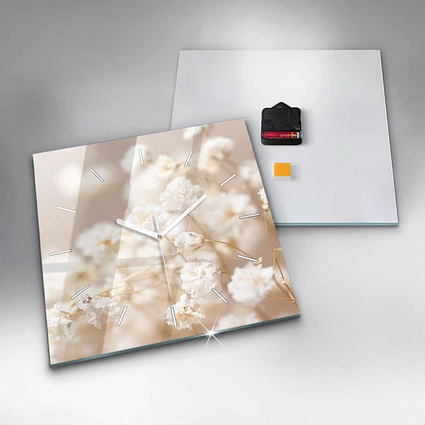 Wanduhr modern quadratisch Kleine weiße Blumen