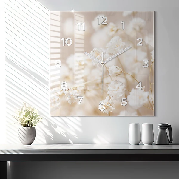 Wanduhr modern quadratisch Kleine weiße Blumen