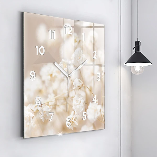Wanduhr modern quadratisch Kleine weiße Blumen
