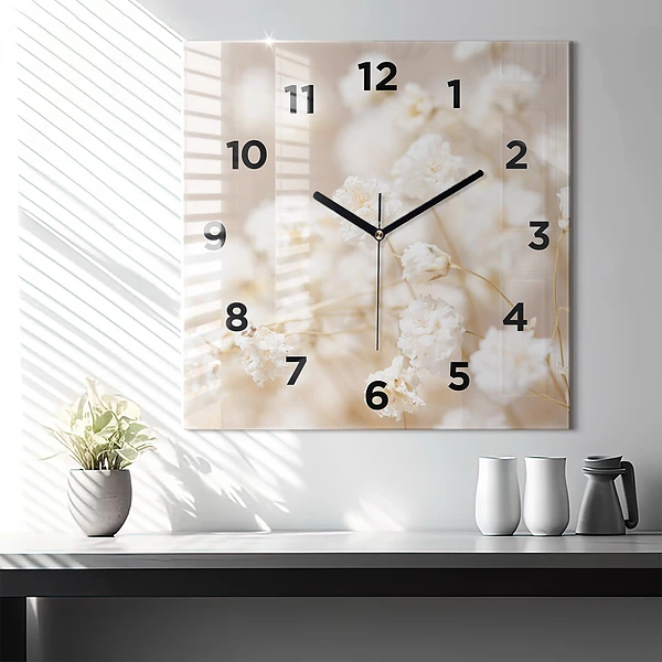 Wanduhr modern quadratisch Kleine weiße Blumen