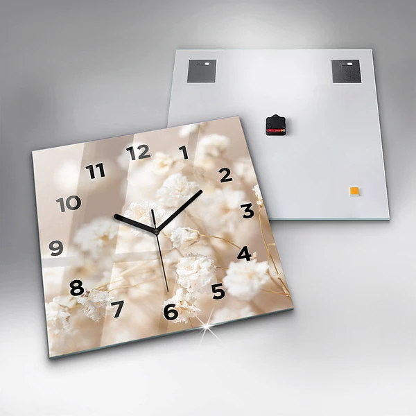 Wanduhr modern quadratisch Kleine weiße Blumen