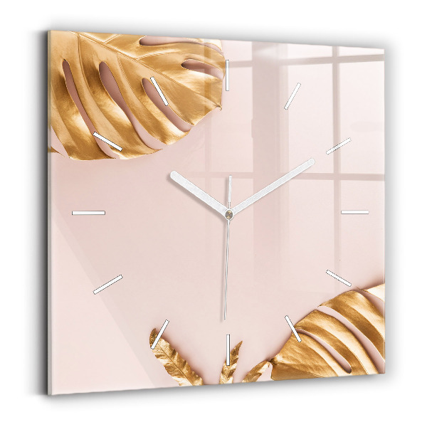 Wanduhr quadratisch Goldene tropische Blätter