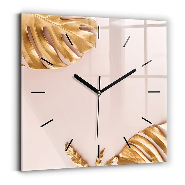 Wanduhr quadratisch Goldene tropische Blätter