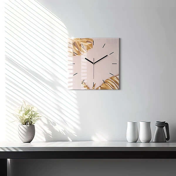 Wanduhr quadratisch Goldene tropische Blätter