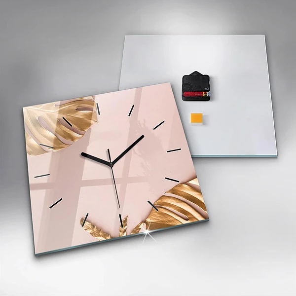 Wanduhr quadratisch Goldene tropische Blätter