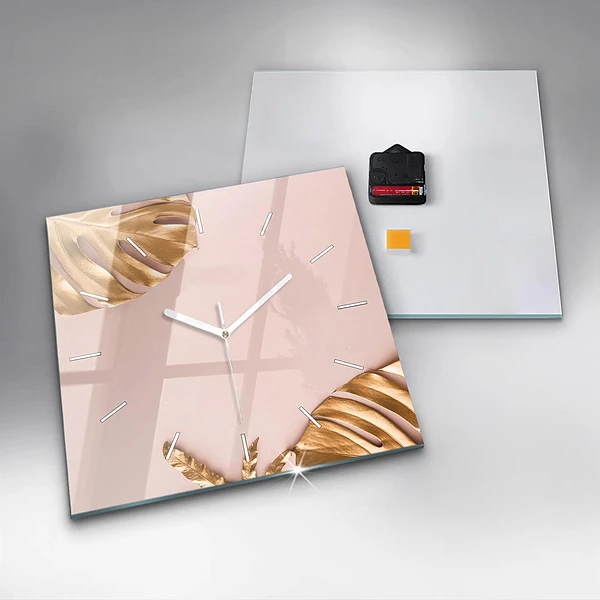 Wanduhr quadratisch Goldene tropische Blätter