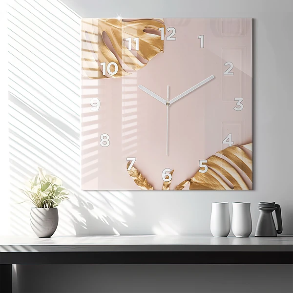 Wanduhr quadratisch Goldene tropische Blätter