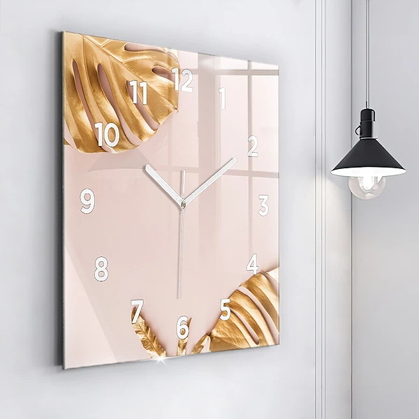 Wanduhr quadratisch Goldene tropische Blätter