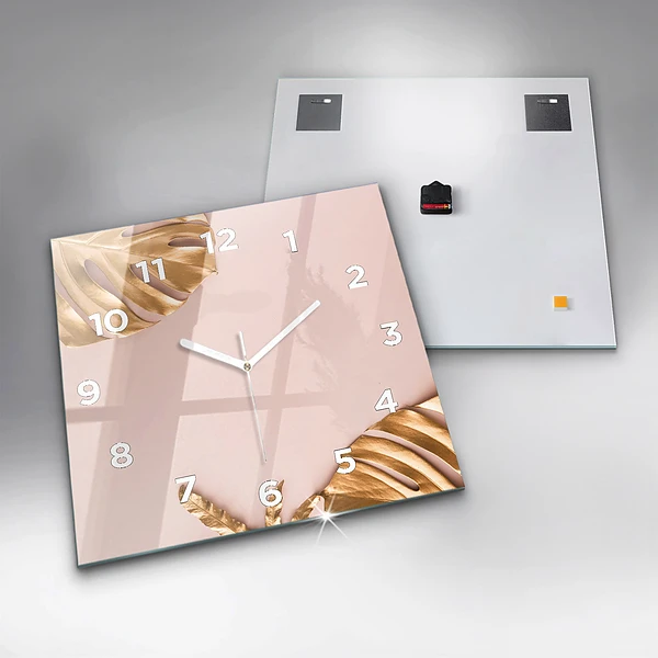 Wanduhr quadratisch Goldene tropische Blätter