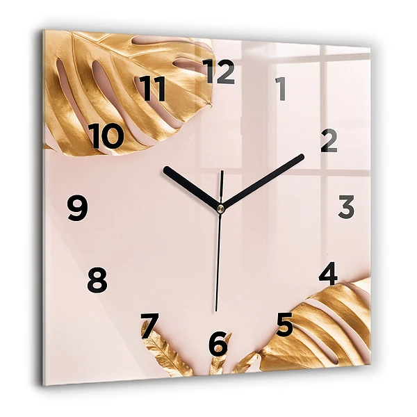 Wanduhr quadratisch Goldene tropische Blätter