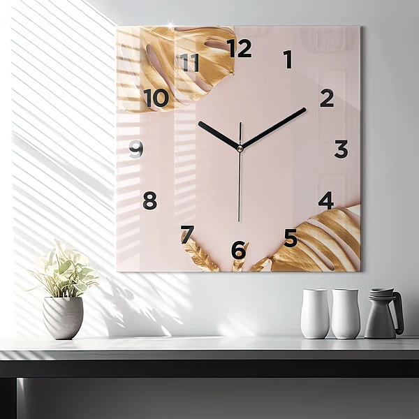 Wanduhr quadratisch Goldene tropische Blätter