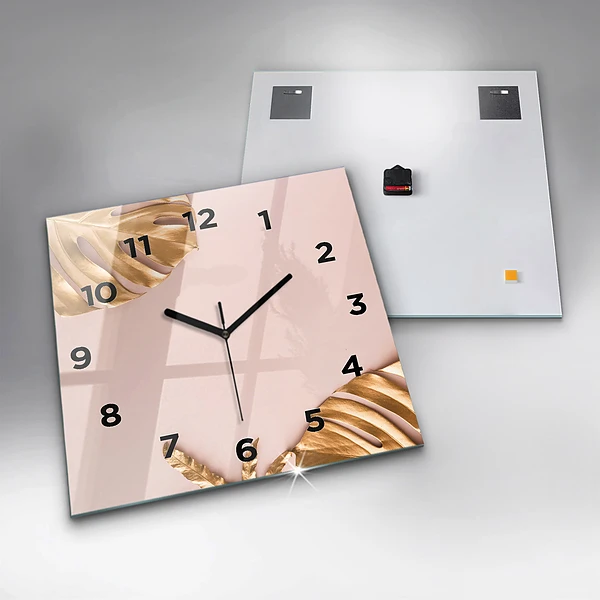 Wanduhr quadratisch Goldene tropische Blätter