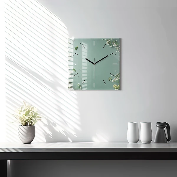 Wanduhr modern quadratisch Zarte Blumen