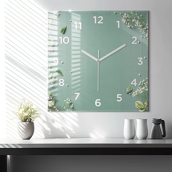Wanduhr modern quadratisch Zarte Blumen