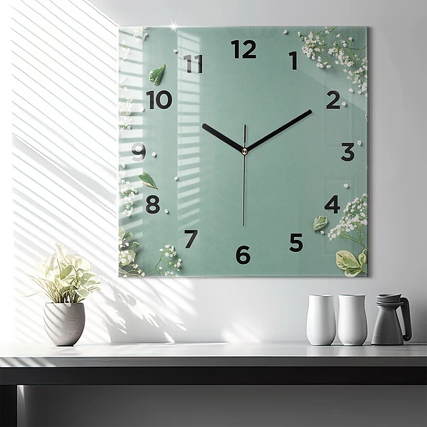Wanduhr modern quadratisch Zarte Blumen