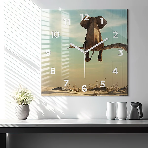 Wanduhr quadratisch mit motiv Elefant in einem Baum