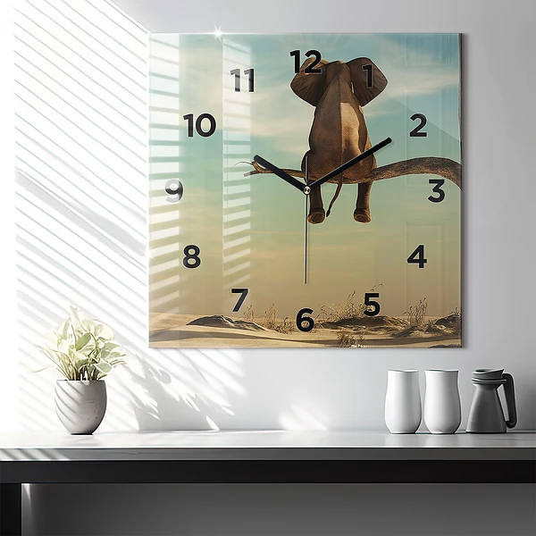 Wanduhr quadratisch mit motiv Elefant in einem Baum