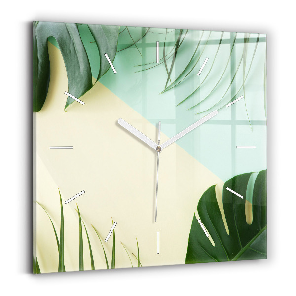 Wanduhr modern quadratisch Monstera-Blätter