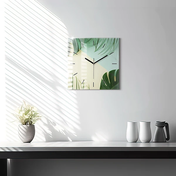 Wanduhr modern quadratisch Monstera-Blätter