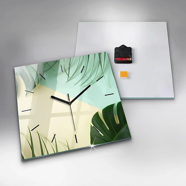 Wanduhr modern quadratisch Monstera-Blätter