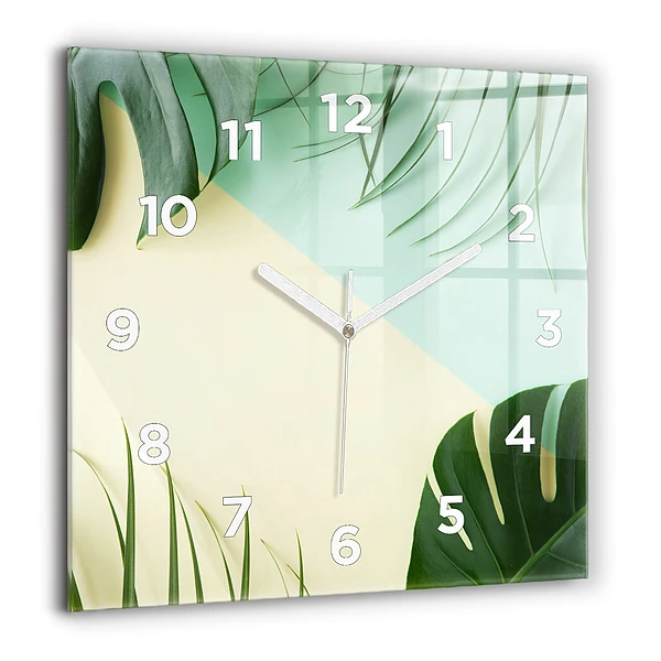 Wanduhr modern quadratisch Monstera-Blätter