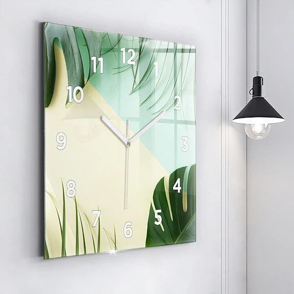 Wanduhr modern quadratisch Monstera-Blätter