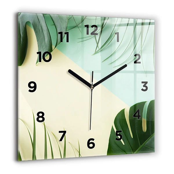 Wanduhr modern quadratisch Monstera-Blätter
