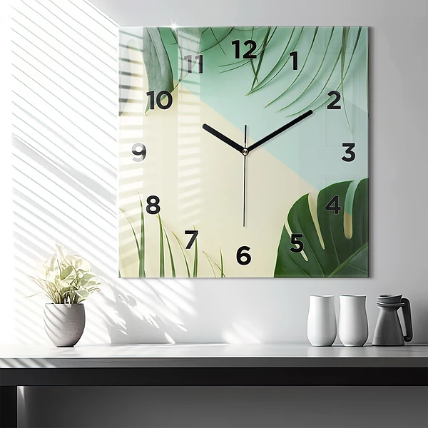 Wanduhr modern quadratisch Monstera-Blätter