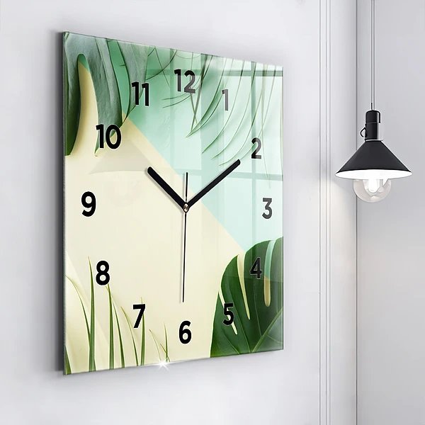 Wanduhr modern quadratisch Monstera-Blätter