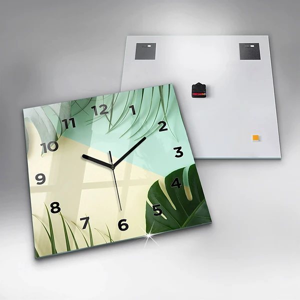 Wanduhr modern quadratisch Monstera-Blätter
