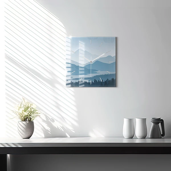 Wanduhr modern quadratisch Bergige Landschaft