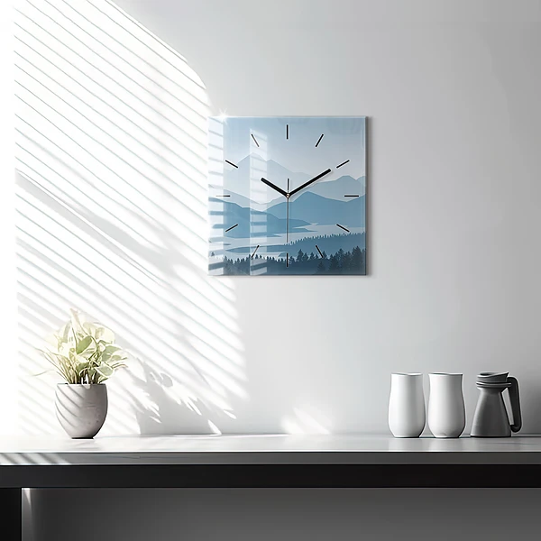 Wanduhr modern quadratisch Bergige Landschaft