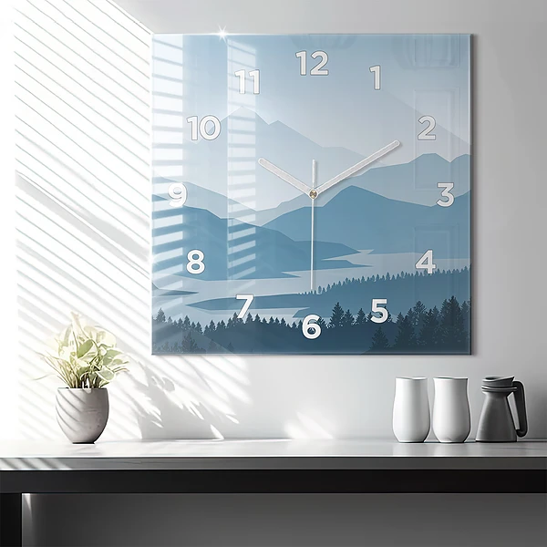 Wanduhr modern quadratisch Bergige Landschaft