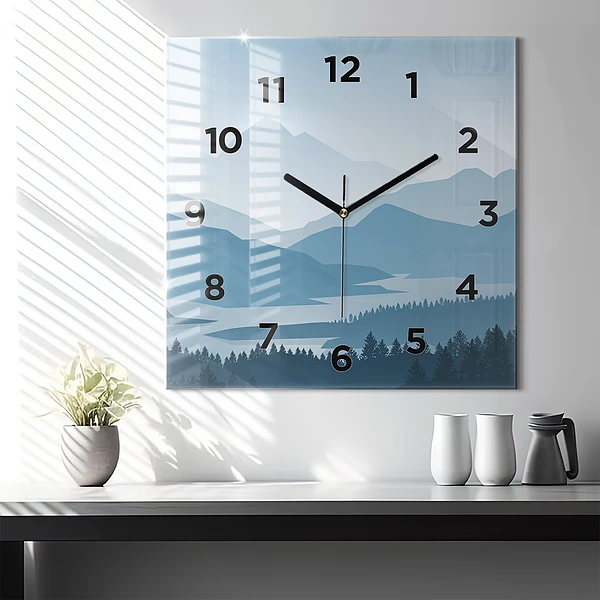 Wanduhr modern quadratisch Bergige Landschaft