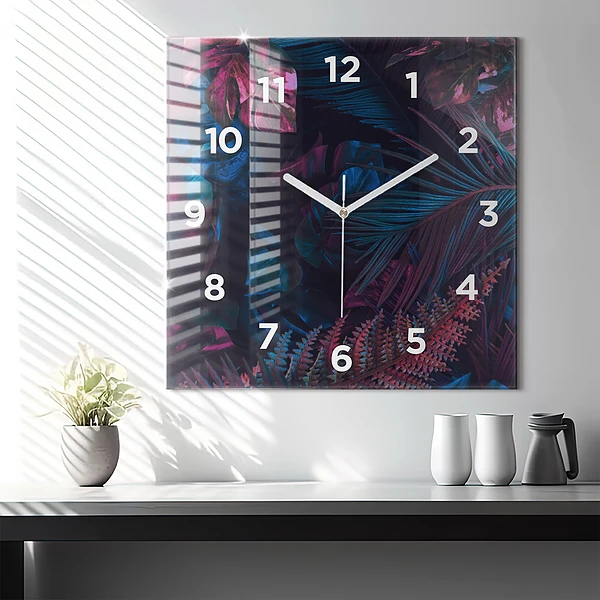 Wanduhr modern quadratisch Exotische Blumen