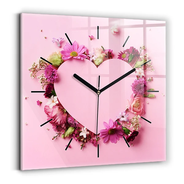 Wanduhr quadratisch mit motiv Herz aus Blumen