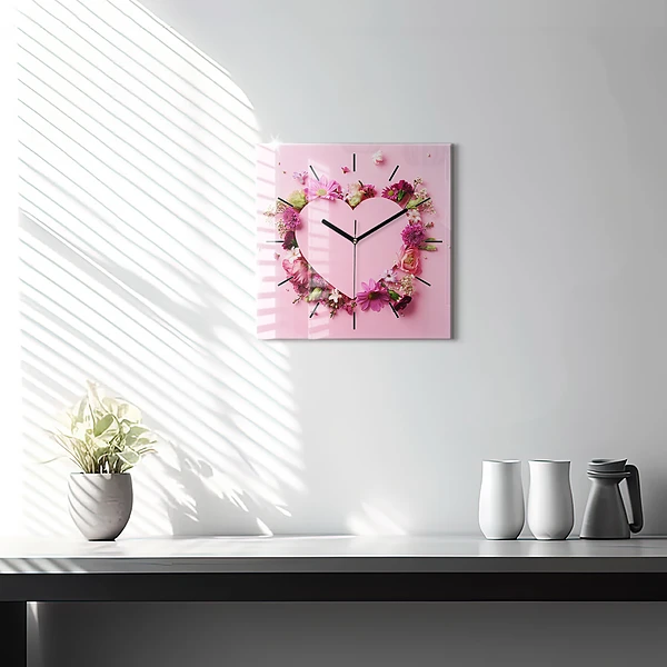 Wanduhr quadratisch mit motiv Herz aus Blumen