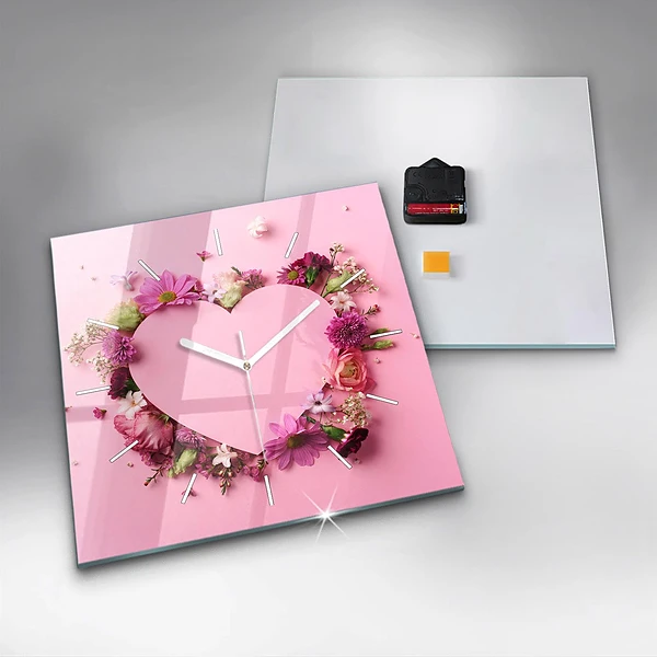 Wanduhr quadratisch mit motiv Herz aus Blumen