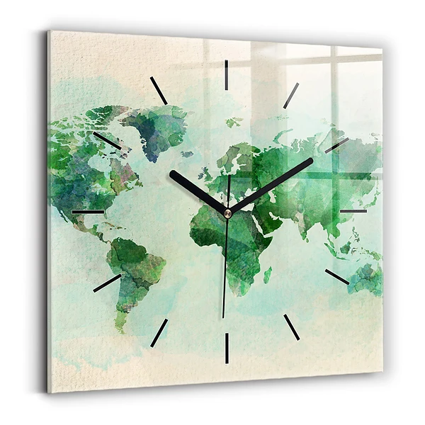 Wanduhr modern quadratisch Aquarell Weltkarte