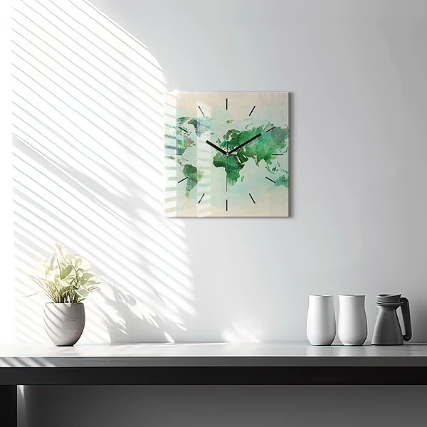 Wanduhr modern quadratisch Aquarell Weltkarte