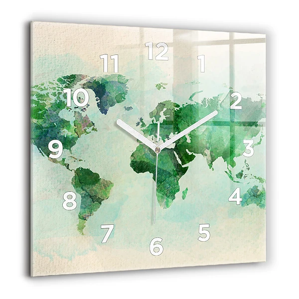 Wanduhr modern quadratisch Aquarell Weltkarte