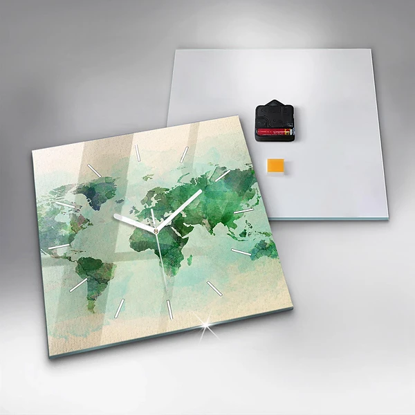 Wanduhr modern quadratisch Aquarell Weltkarte