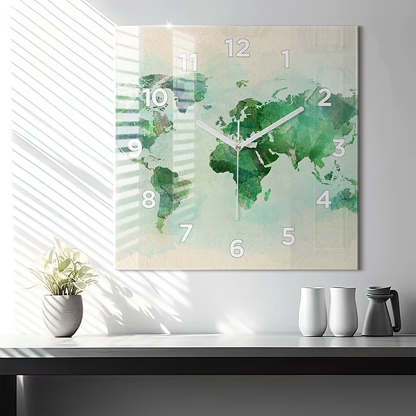Wanduhr modern quadratisch Aquarell Weltkarte