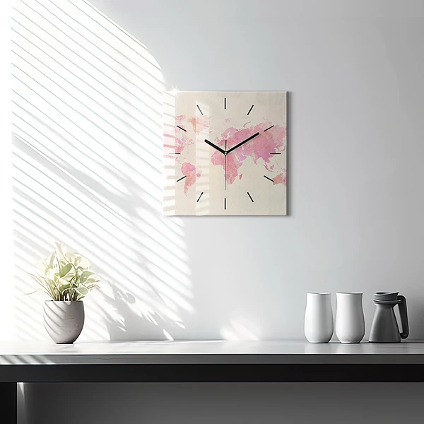 Wanduhr quadratisch Aquarell Weltkarte