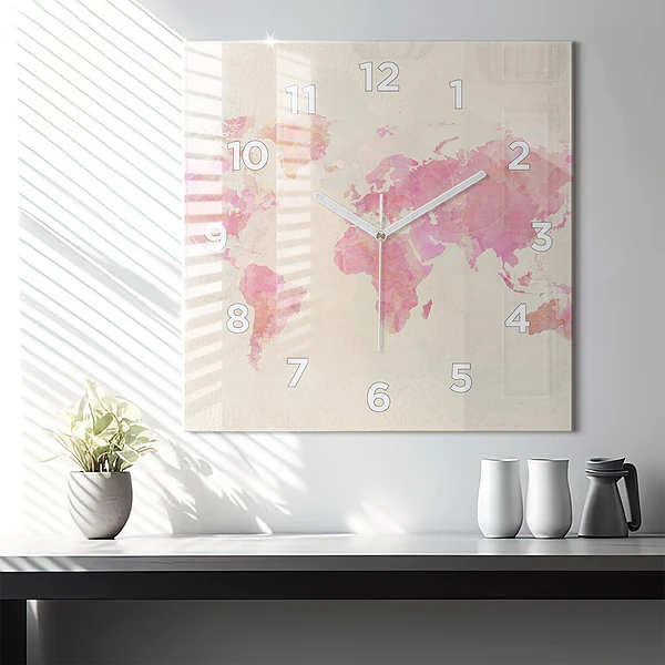 Wanduhr quadratisch Aquarell Weltkarte