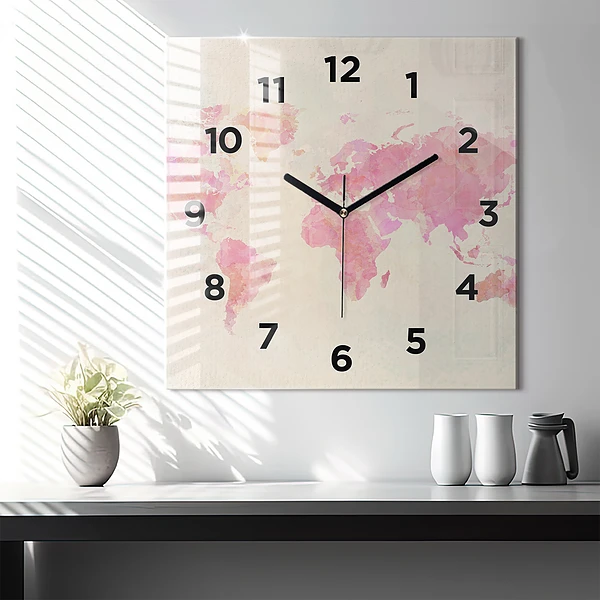 Wanduhr quadratisch Aquarell Weltkarte